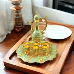 Shinny golden metal surai set  round tray jug with siz pcs cup tea set