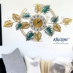 Tropical Monstera & Fern Leaf Wall Clock - Gold & Teal Metallic Art