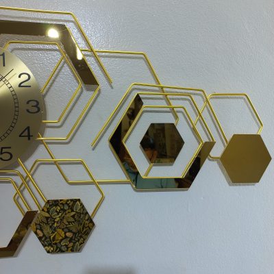Modern Geometric Hexagon Wall Clock - Golden Metallic Design