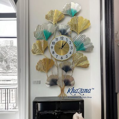 Vertical Ginkgo Leaf Wall Clock - Multi-Tone Metallic Art Piece