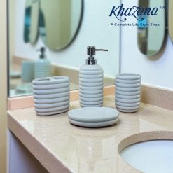 Modern White Ribbed Ceramic 4 Piece Bathroom Accessory Set