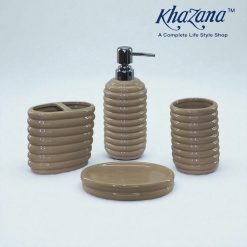 Modern Beige Ribbed Ceramic 4 Piece Bathroom Accessory Set