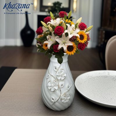 Decorative White Ceramic Swirl Vase with Raised Gold-Trimmed Flowers 
