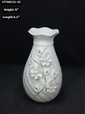 Decorative White Ceramic Swirl Vase with Raised Gold-Trimmed Flowers 