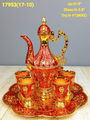 Ornate Royal Red & Gold Enamel Turkish Surai Set 8 Piece Decanter Suite