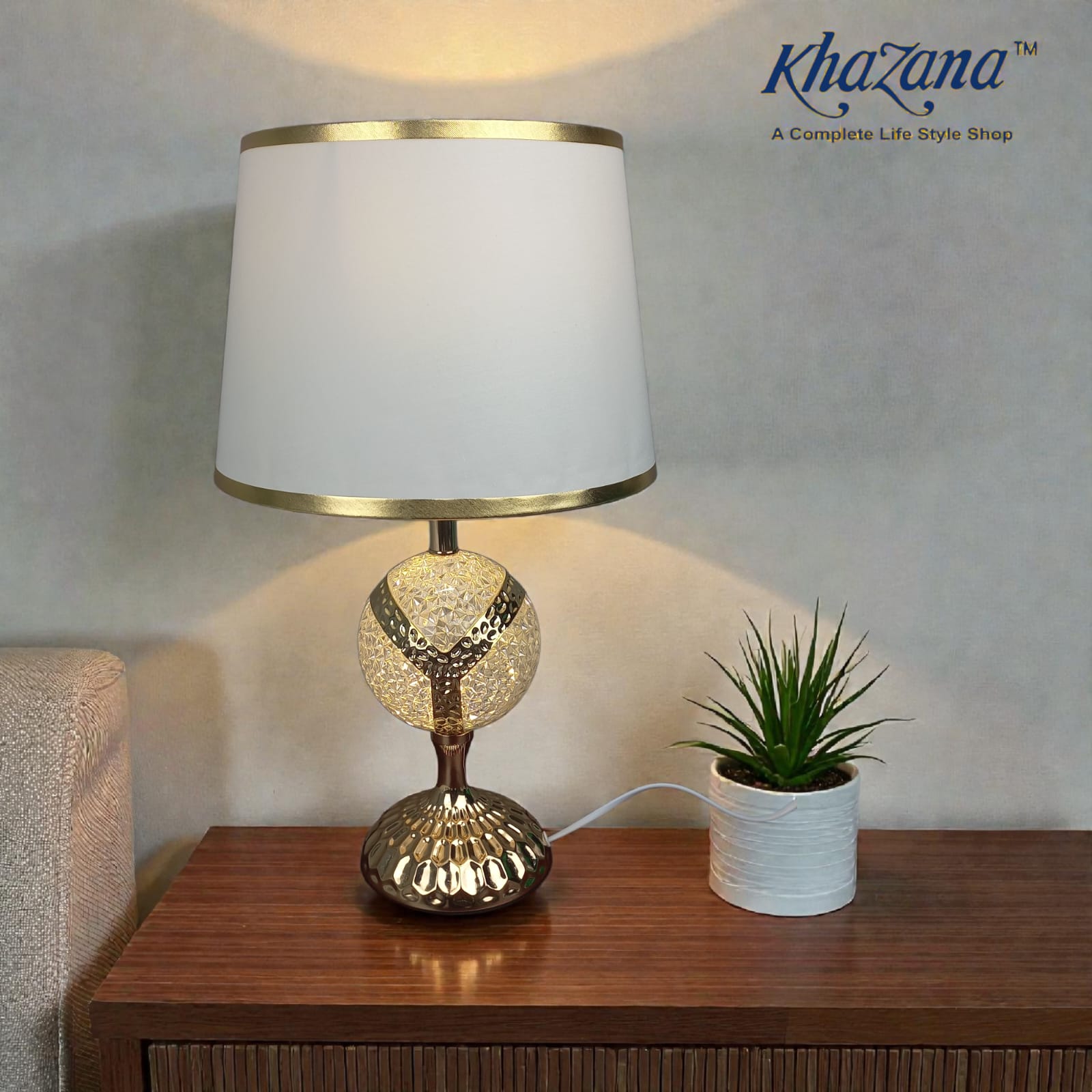 Elegant White & Gold Illuminated Crystal Sphere Table Lamp