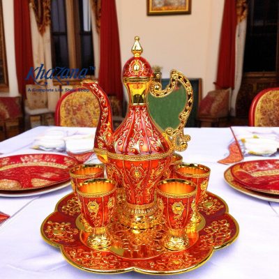 Ornate Royal Red & Gold Enamel Turkish Surai Set 8 Piece Decanter Suite