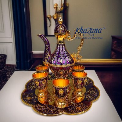 Ornate Royal Red & Gold Enamel Turkish Surai Set 8 Piece Decanter Suite