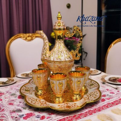 Ornate Royal Red & Gold Enamel Turkish Surai Set 8 Piece Decanter Suite