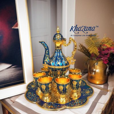 Ornate Royal Red & Gold Enamel Turkish Surai Set 8 Piece Decanter Suite