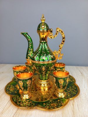 Ornate Royal Red & Gold Enamel Turkish Surai Set 8 Piece Decanter Suite