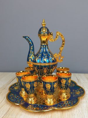 Ornate Royal Red & Gold Enamel Turkish Surai Set 8 Piece Decanter Suite