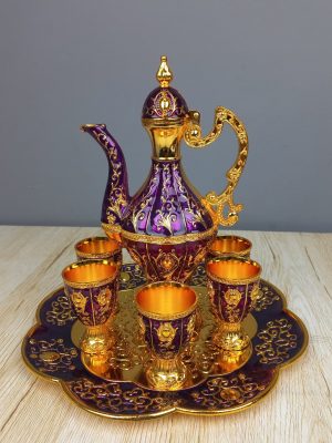 Ornate Royal Red & Gold Enamel Turkish Surai Set 8 Piece Decanter Suite