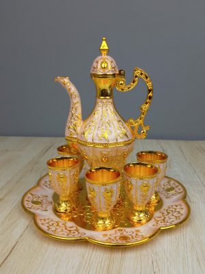 Ornate Royal Red & Gold Enamel Turkish Surai Set 8 Piece Decanter Suite