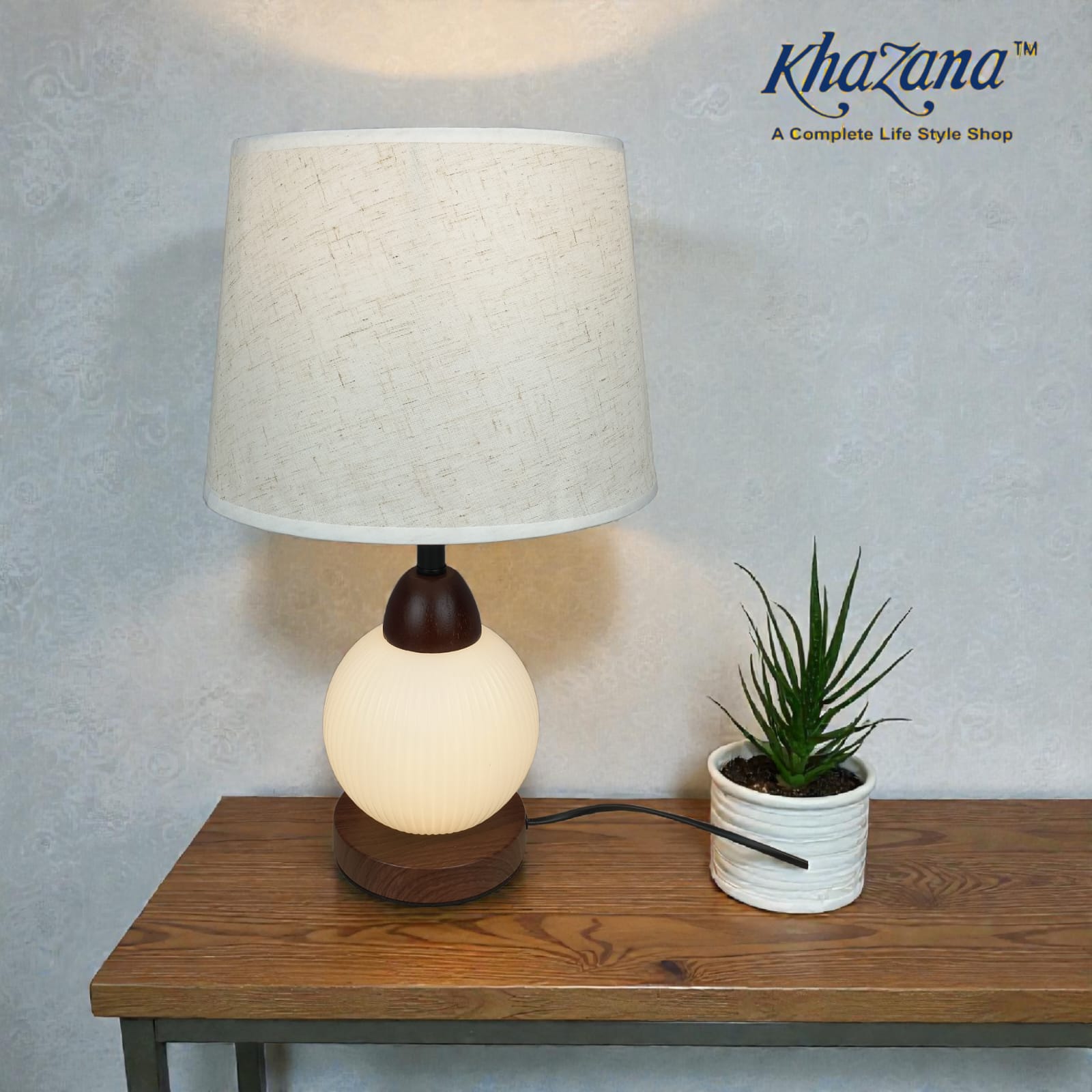 Mid Century Modern Globe Table Lamp with Dark Wood Finish