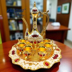 arabian style metal surai set  golden color multi color six cup one jug with tray