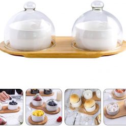 Alternative view of 1 Set Ceramic Salad Bowl Glass Food Dome Cover with Wood Cake Plate Tray Food Plate 15504