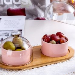 Alternative view of 1 Set Ceramic Salad Bowl Glass Food Dome Cover with Wood Cake Plate Tray Food Plate 15405