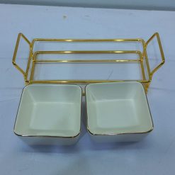 Alternative view of Dark Green Grid Ceramic Fruit Tray Serving Tray with Metal Shelf Living Room Cookie Candy Bowl Desktop Storage Tray Decor 15526