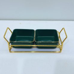 Alternative view of Dark Green Grid Ceramic Fruit Tray Serving Tray with Metal Shelf Living Room Cookie Candy Bowl Desktop Storage Tray Decor 15526