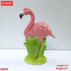 Alternative view of Glazed ceramic sculpture in pink and green tones representing flamingo 13" 14019