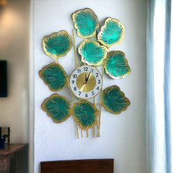 Metal Body Golden, Green Color Leaf Design Decorative Wall Clock