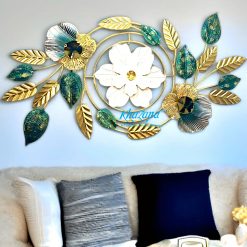 Horizontal Gold, White & Green Floral Metal Wall Art