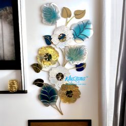Vertical Gold, White & Teal Floral Metal Wall Art
