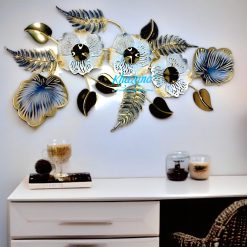 Horizontal Gold, White & Blue Floral Metal Wall Art
