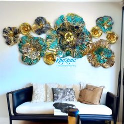 Horizontal Gold & Teal Textured Floral Metal Wall Art