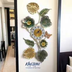 Vertical Botanical Wall Clock with Butterflies - Gold, Silver & Green