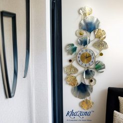 Grand Vertical Ginkgo Leaf Wall Clock - Gold & Blue Tones