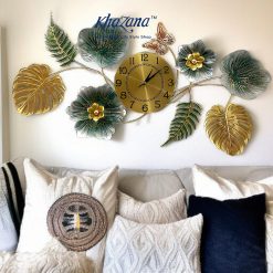 Luxurious Botanical Wall Clock with Butterfly - Gold, Silver-Blue & Green