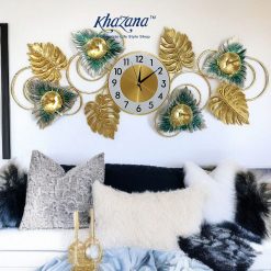 Tropical Leaf & Floral Wall Clock - Gold & Teal Metallic Decor