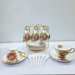 Alternative view of Vibrant Garden Porcelain Tea Set 18-Piece with Gold Stand.