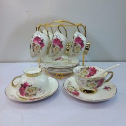 Alternative view of Elegant Rose Garden Porcelain Tea Set 18-Piece with Gold Stand.
