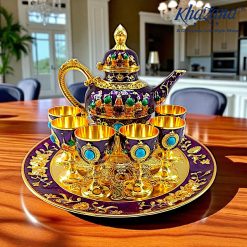 Majestic Purple and Gold Surai Tea Set with 6 Embellished Pedestal Cups