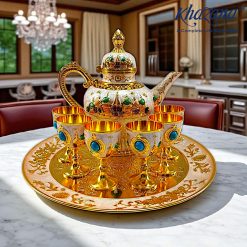 Luxurious Golden & White Surai Tea Set with 6 Ornate Pedestal Cups