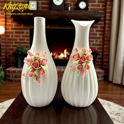 Elegant Ceramic Floral Vases White with Pink & Green Roses
