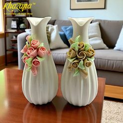Elegant Ribbed Ceramic Vases with 3D Floral Embellishments Pink or Gold Roses