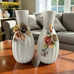 Exquisite Ribbed Ceramic Vases with Multi-Toned 3D Roses 8" Height