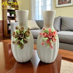 Title: Elegant Ribbed Ceramic Vases with 3D Floral Embellishments Pink or Earthy Tones 6" Height