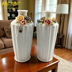 Elegant Tall Ribbed Ceramic Vases with Multi-Toned 3D Roses 8" Height