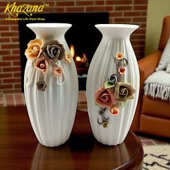 Artistic Ribbed Ceramic Vases with Muted 3D Floral Embellishments 8" Height