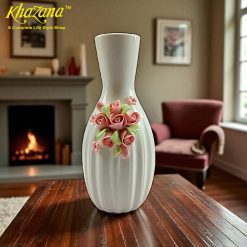 Charming Ceramic Vase with Pink & Green 3D Rose Embellishments - 8" Tall