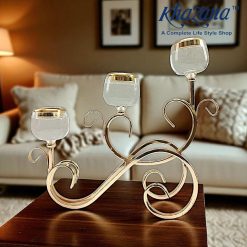 Elegant Golden Scrollwork Candlestick Holder with Frosted Glass Cups