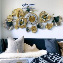 Luxurious Ginkgo & Floral Wall Clock - Gold & Teal Metallic Art