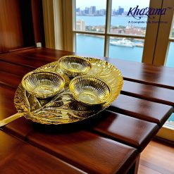 Gold Colored Leaf Tray with Three Ribbed Bowls