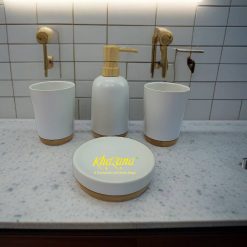 Minimalist White and Wood Bathroom Accessory Set