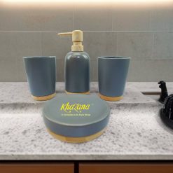 Modern Grey and Wood Bathroom Accessory Set